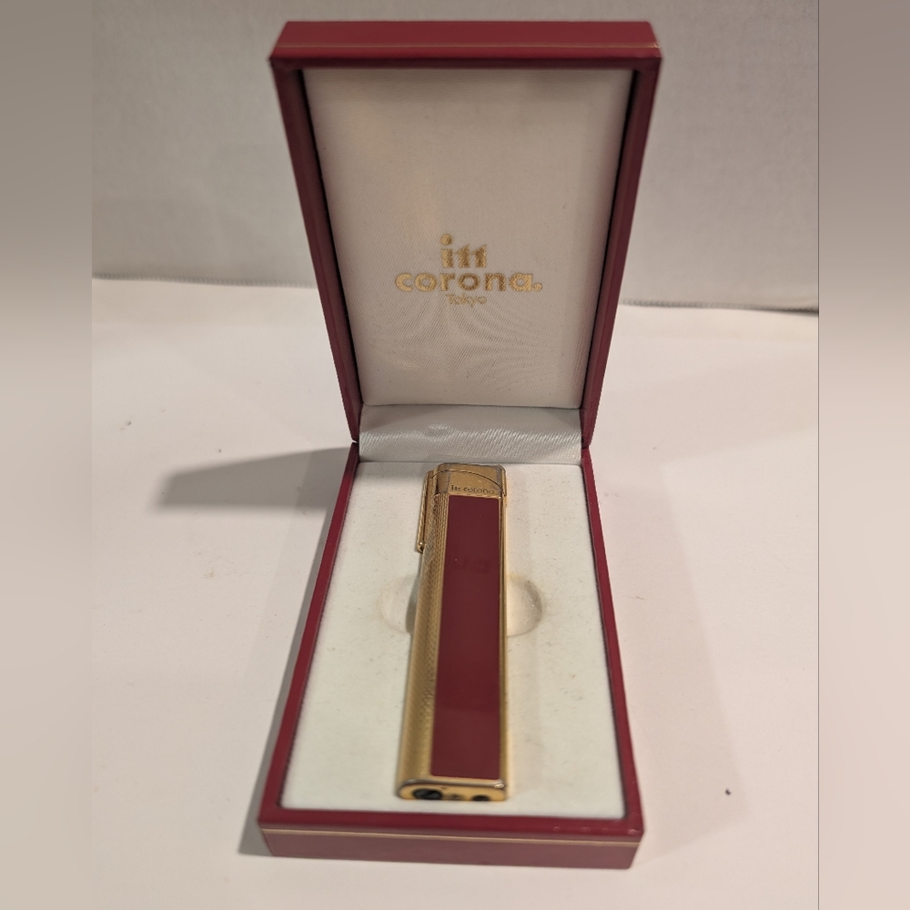 Corona Tokyo Gold and Burgundy Lighter With Box.